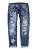 3D image of blue floral-print patch ripped rolled hem denim boyfriend jeans