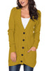 Model wearing mustard front pockets button-up cable knit cardigan