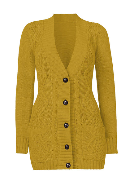3D shot of mustard front pockets button-up cable knit cardigan