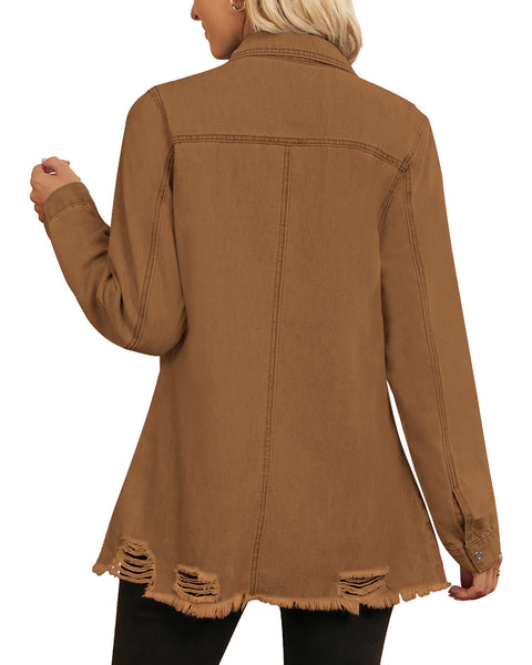 Back view of model wearing brown frayed hem distressed button-down denim jacket