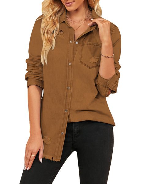 Front view of model wearing brown frayed hem distressed button-down denim jacket