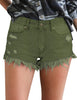 Front view of model wearing Army Green Frayed Raw Hem Distressed Denim Shorts