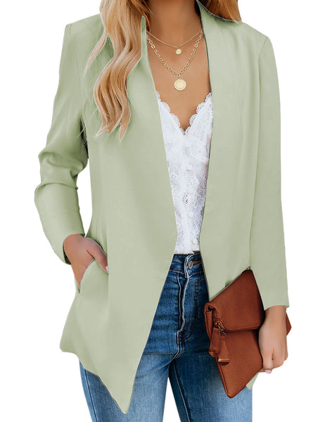 Front view of model wearing mint green open-front side pockets blazer.