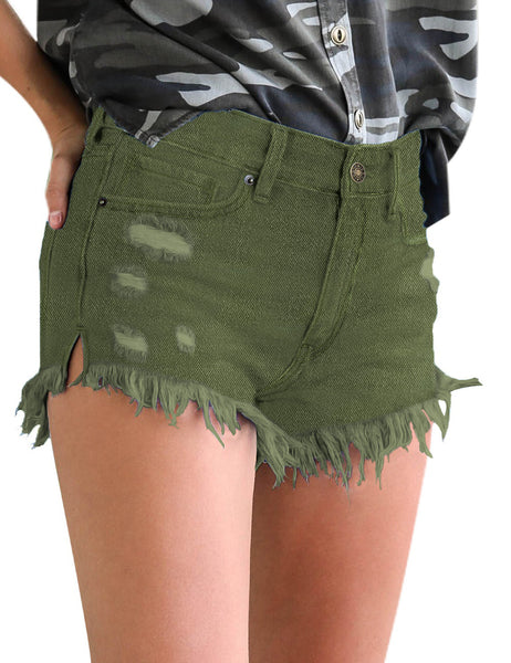 Angled view of model wearing Army Green Frayed Raw Hem Distressed Denim Shorts