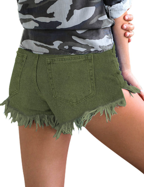 Back view of model wearing Army Green Frayed Raw Hem Distressed Denim Shorts
