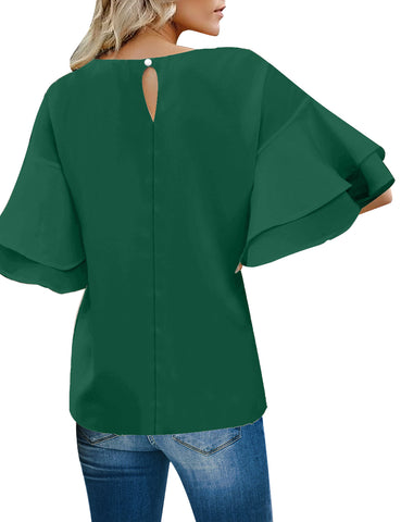 Alpine Green Women's Summer Blouse Casual Ruffle 3/4 Sleeve Tops Loose Shirts