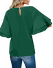 Back view of model wearing dark green trumpet sleeves keyhole-back blouse