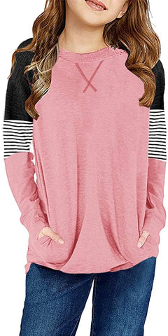 Little Girls' Pink Color Block Raglan Sleeves Stripe Pullover Top