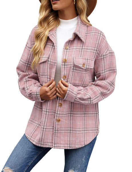 Close-up view of model wearing pink flap pockets button-down plaid short jacket