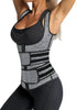 Model poses wearing grey zip-up snap corset women's waist trainer
