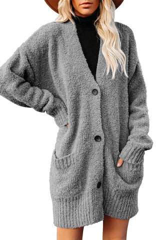 Grey Button Down Drop Shoulders Oversized Knit Cardigan