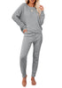 Front view of model wearing grey long sleeves two-piece loungewear set