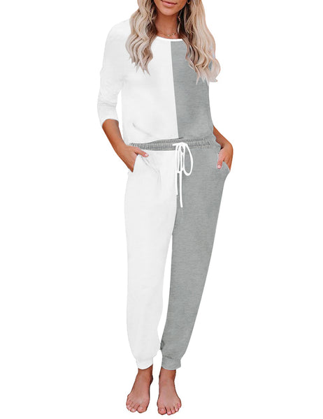 Front view of model wearing white colorblock drawstring-waist jogger pajama set