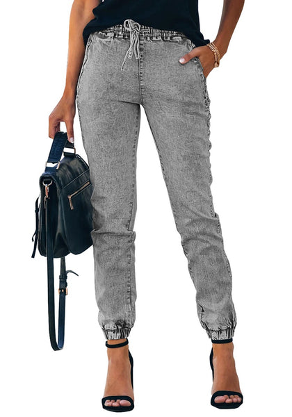 Grey Elastic-Waist Welt Pocket Denim Jogger Pants
