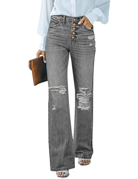 High Waisted Ripped Flare Jeans for Women Distressed Bell Bottom Jeans Wide Leg Pants