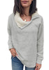 Front view of model wearing light grey split cowl collar long sleeves pullover top