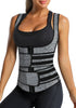 Angled view of model wearing grey zip-up snap corset women's waist trainer
