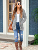Full front view of  model wearing light grey button down melange waffle knit hooded cardigan
