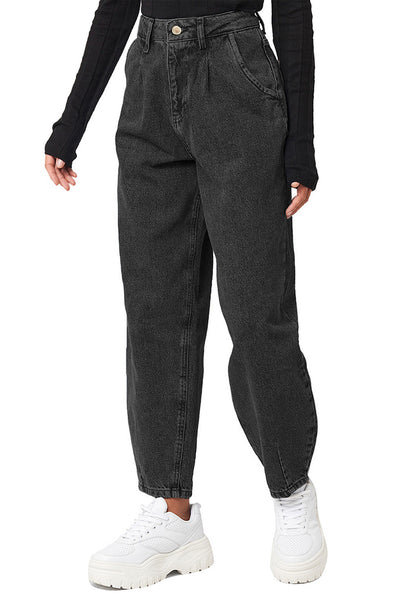 Model poses wearing dark grey high-waist loose denim mom jeans