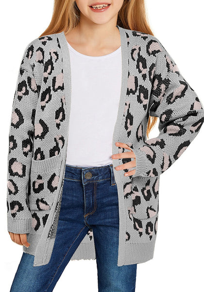 Little girl poses wearing grey leopard print open-front girls' knit cardigan