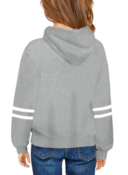 Back view of little model wearing grey long sleeves girls' pullover hoodie