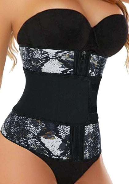 Model wearing black snakeskin women’s corset waist trainer