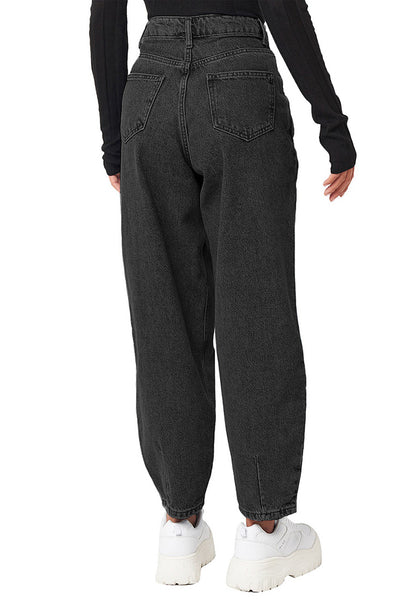 Back view of model wearing dark grey high-waist loose denim mom jeans