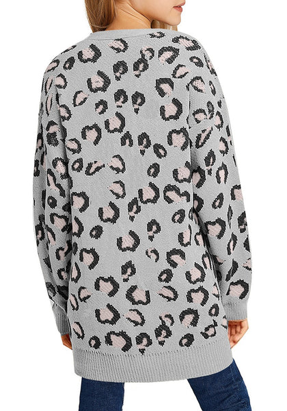 Back view of model wearing grey leopard print open-front girls' knit cardigan