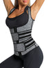 Side view of model wearing grey zip-up snap corset women's waist trainer