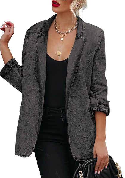 Front view of model wearing grey lapel collar flap pockets open-front denim blazer
