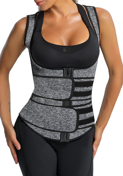 Front view of model wearing grey zip-up snap corset women's waist trainer