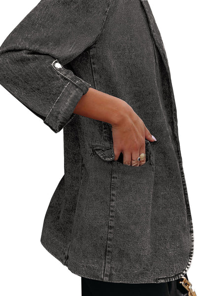 Side view of model wearing grey lapel collar flap pockets open-front denim blazer