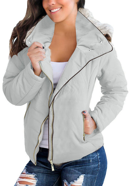 Gray Faux Fur Hooded Zip Up Quilted Jacket