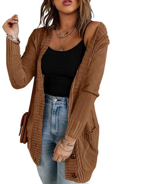 Front view of model wearing brown front pockets button-up cable knit cardigan
