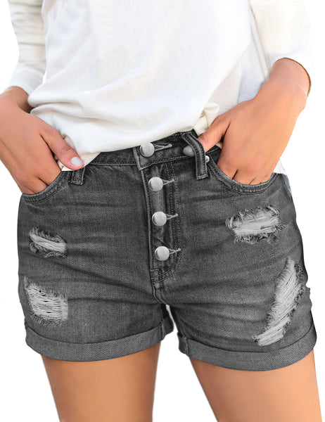 LookbookStore Women High Waisted Denim Shorts Ripped Button Fly Cuffed Jean Shorts