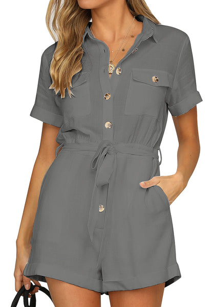 Model wearing grey short sleeves button-down belted romper