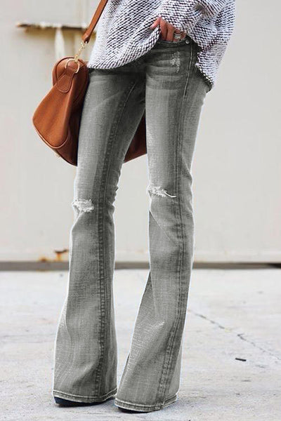 Grey Ripped Knee Flared Denim Jeans
