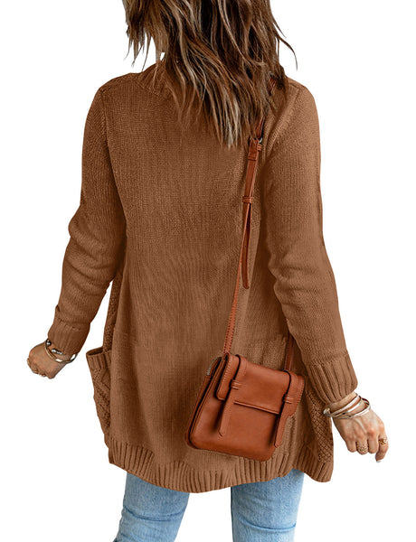 Back view of model wearing brown front pockets button-up cable knit cardigan