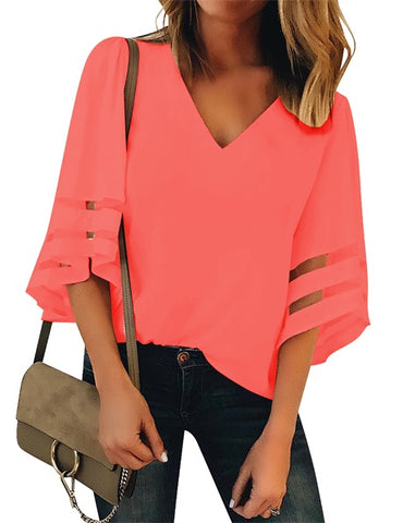 Coral Women's V Neck Shirt Printed Top 3/4 Bell Sleeve Mesh Panel Blouse