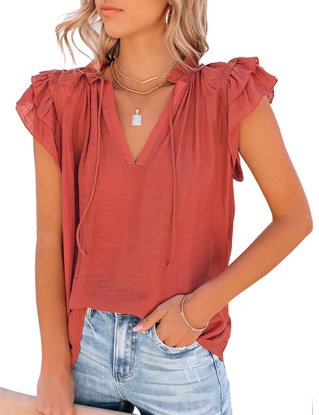Women's Casual V Neck Short Tiered Ruffle Cap Sleeve Loose Blouses