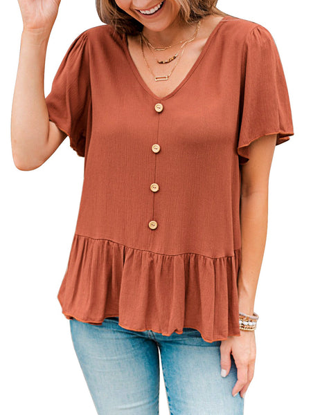 Model poses wearing brown V-neckline buttons loose peplum top