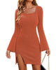 Womens Sweater Dress Bodycon Square Neck Slit Short Dresses Bell Long Sleeve Knit Sexy Outfit