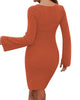 Womens Sweater Dress Bodycon Square Neck Slit Short Dresses Bell Long Sleeve Knit Sexy Outfit