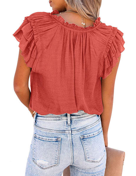 Women's Casual V Neck Short Tiered Ruffle Cap Sleeve Loose Blouses