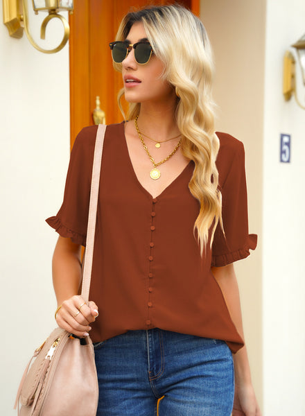 Front view of model wearing chocolate brown ruffle trim short sleeves V-neck button-down top