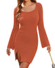 Womens Sweater Dress Bodycon Square Neck Slit Short Dresses Bell Long Sleeve Knit Sexy Outfit
