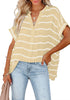 Model poses wearing beige split V-neckline batwing sleeves striped loose top