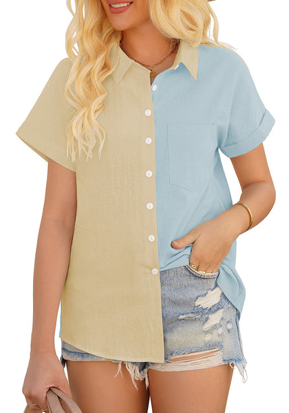Beige Short Sleeves Colorblock Button-Up Top