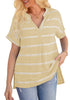 Angled shot of model wearing beige split V-neckline batwing sleeves striped loose top