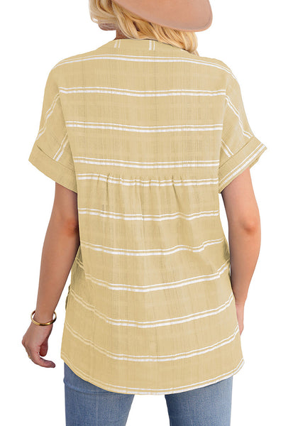 Back view of model wearing beige split V-neckline batwing sleeves striped loose top